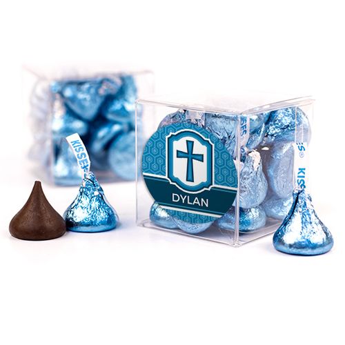 Personalized Confirmation Blue Hexagonal Pattern Engraved Cross Clear Gift Box with Sticker