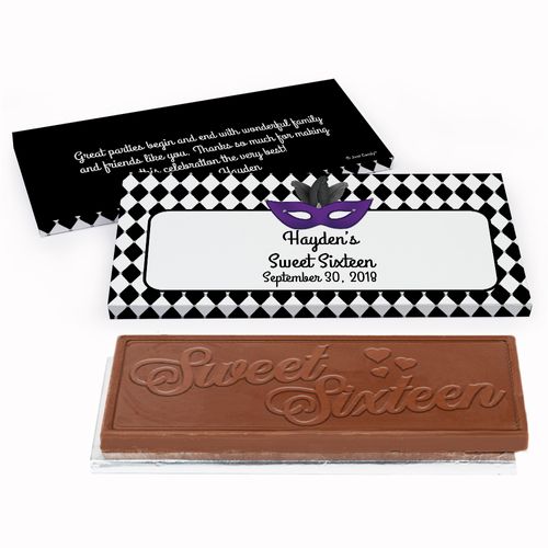Deluxe Personalized Sweet 16 Birthday Harlequin Masquerade Chocolate Bar in Gift Box
