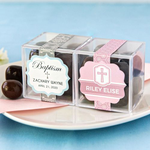 Personalized Baptism JUST CANDY® favor cube with Premium Milk & Dark Chocolate Sea Salt Caramels