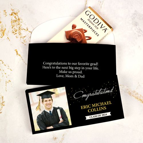 Deluxe Personalized Graduation Confetti Photo Godiva Chocolate Bar in Gift Box