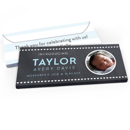 Deluxe Personalized Baby Boy Announcement Heart Pattern Chocolate Bar in Gift Box