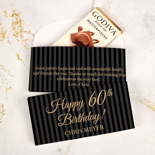 Deluxe Personalized Milestone 60th Birthday Pinstripes Godiva Chocolate Bar in Gift Box