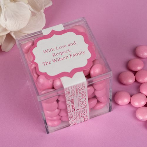 Personalized Breast Cancer Awareness JUST CANDY® favor cube with Just Candy Milk Chocolate Minis