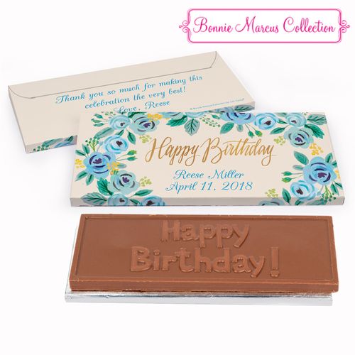 Deluxe Personalized Birthday Blue Flowers Chocolate Bar in Gift Box