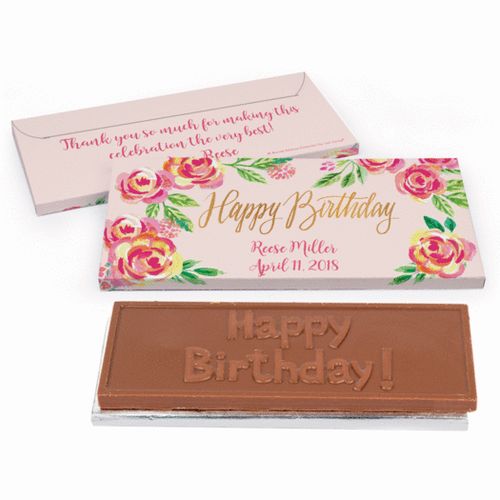 Deluxe Personalized Birthday Pink Flowers Chocolate Bar in Gift Box