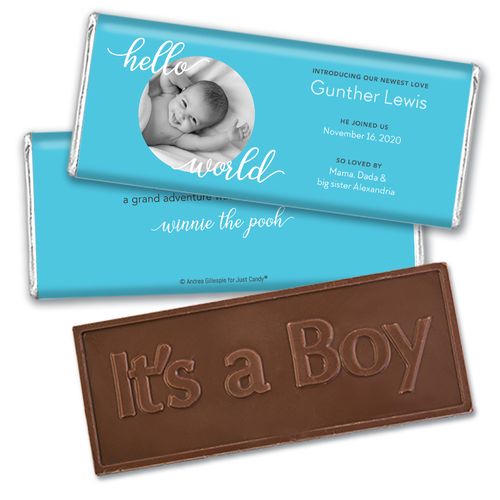 Personalized Hello World Baby Boy Birth Announcement Hershey's Embossed Chocolate Bar & Wrapper