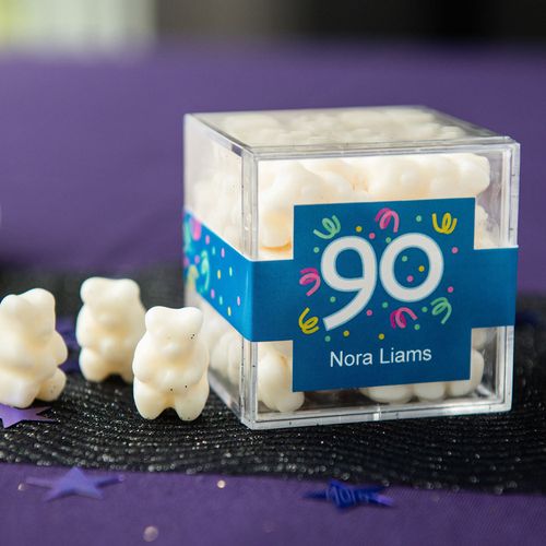 Personalized Milestone 90th Birthday JUST CANDY® favor cube with Gummy Bears