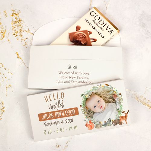 Deluxe Personalized Baby Shower Hello World Godiva Chocolate Bar in Gift Box