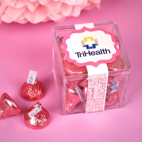 Personalized Breast Cancer Awareness JUST CANDY® favor cube with Hershey's Kisses
