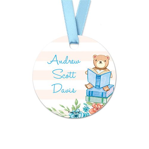 Personalized Round Reading Bear Baby Boy Announcement Favor Gift Tags (20 Pack)