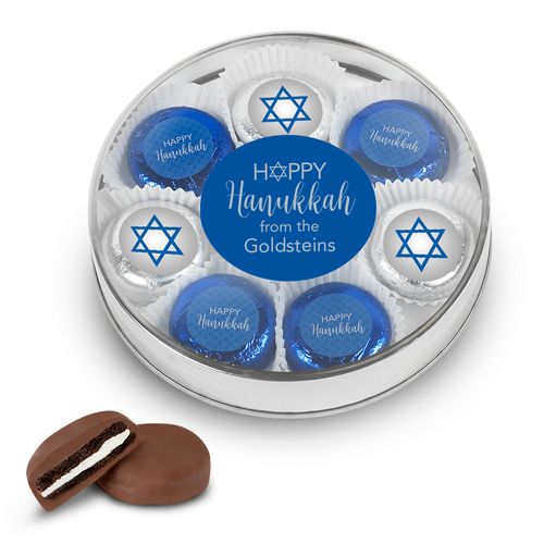 Personalized Happy Hanukkah Gold Large Plastic Tin with 8 Chocolate Covered Oreo Cookies