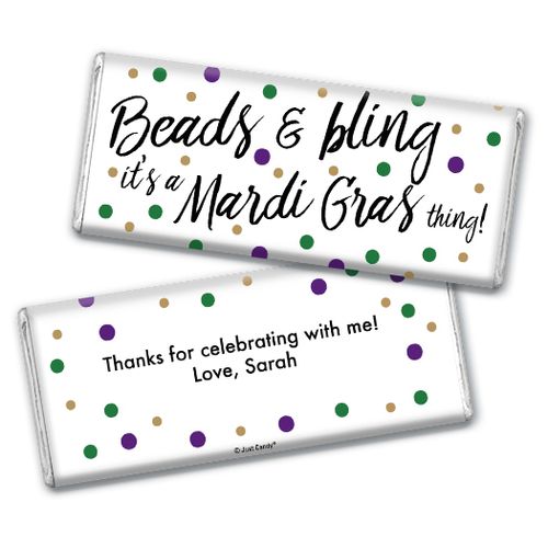 Personalized Mardi Gras Beads & Bling Chocolate Bar & Wrapper