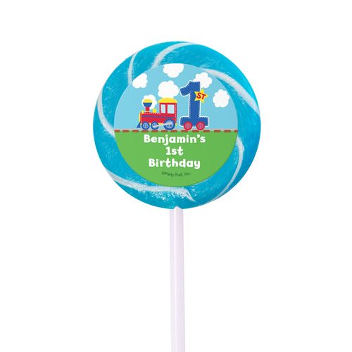 Birthday Personalized Small Light Blue Swirly Pop Train 1st Birthday (24 Pack)