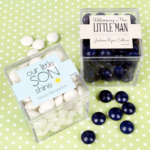 Personalized Boy Birth Announcement JUST CANDY® favor cube with Just Candy Milk Chocolate Minis