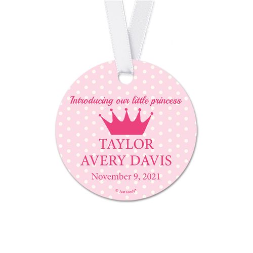 Personalized Round Baby Girl Dots & Crown Announcement Favor Gift Tags (20 Pack)