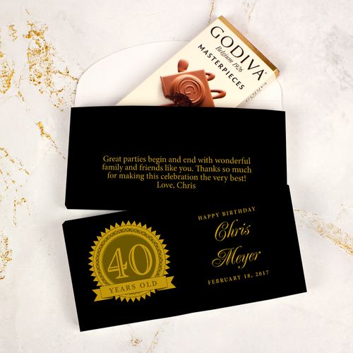 Deluxe Personalized Milestone 40th Birthday Seal Godiva Chocolate Bar in Gift Box