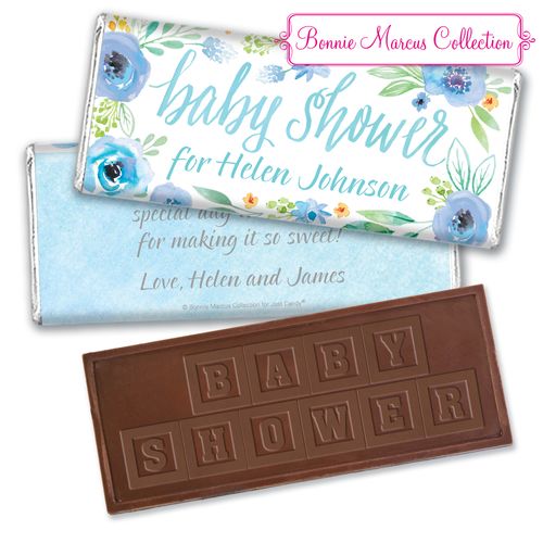 Personalized Bonnie Marcus Baby Shower Blue Watercolor Wreath Embossed Chocolate Bar & Wrapper