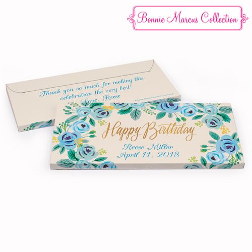 Deluxe Personalized Birthday Blue Flowers Hershey's Chocolate Bar in Gift Box