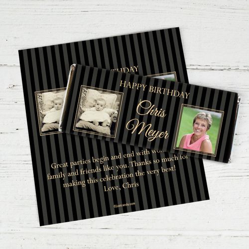 Birthday Personalized Chocolate Bar Wrappers Pinstripe Then and Now Photos