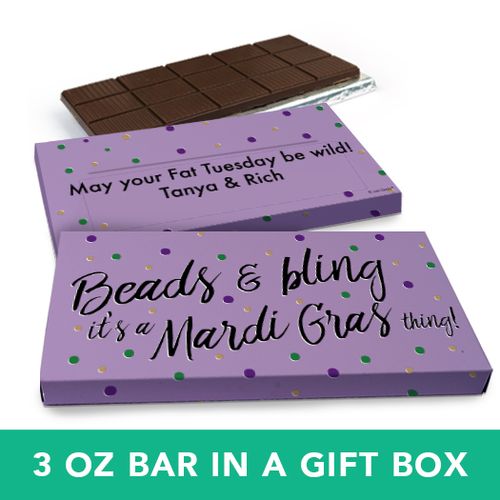 Deluxe Personalized Mardi Gras Beads & Bling Chocolate Bar in Gift Box (3oz Bar)