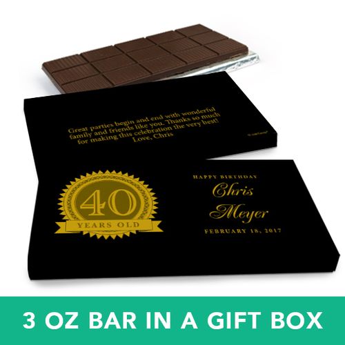 Deluxe Personalized Birthday 40th Milestones Seal Belgian Chocolate Bar in Gift Box (3oz Bar)