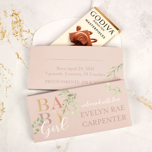 Deluxe Personalized Birth Announcement Baby Girl Godiva Chocolate Bar in Gift Box