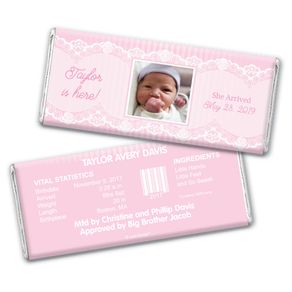 Baby Girl Announcement Personalized Chocolate Bar Wrappers Pinstripes and Lace Photo