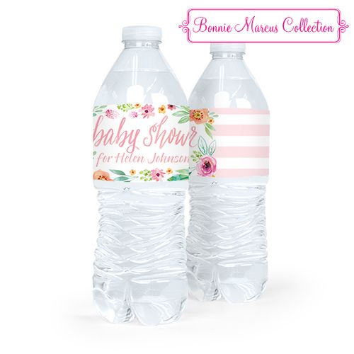 Personalized Baby Shower Watercolor Blossom Water Bottle Sticker Labels (5 Labels)