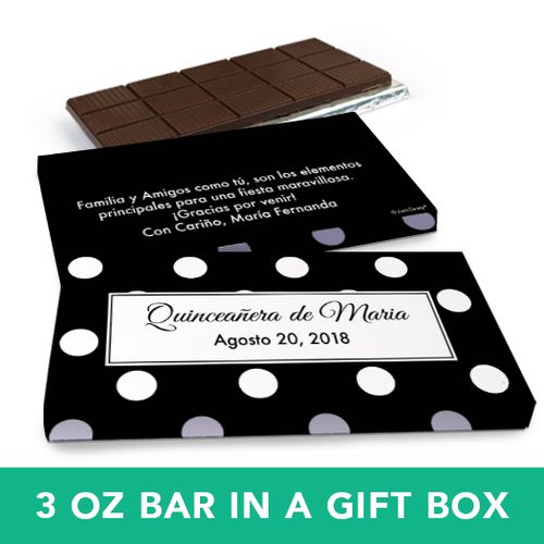Deluxe Personalized Quinceaera Lunares Chocolate Bar in Gift Box (3oz Bar)
