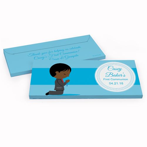 Deluxe Personalized First Communion Little Boy in Prayer Chocolate Bar in Gift Box