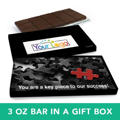 Deluxe Personalized Business Puzzle Key Piece Logo Belgian Chocolate Bar in Gift Box (3oz Bar)