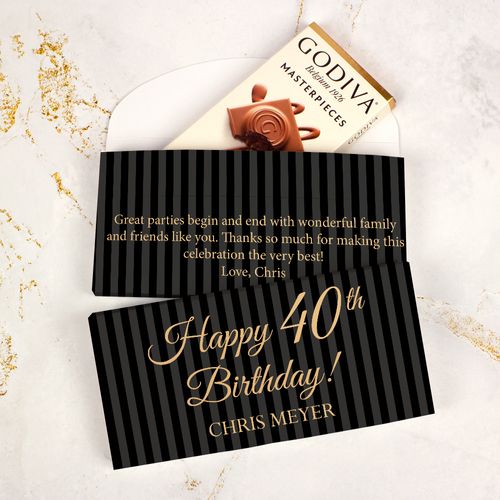 Deluxe Personalized Milestone 40th Birthday Pinstripes Godiva Chocolate Bar in Gift Box