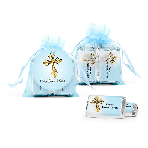 Personalized Communion Gold Cross Cross Organza Bag with Hershey's Miniatures