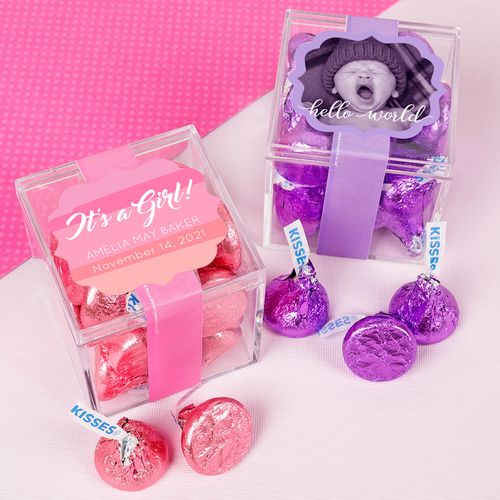 Personalized Girl Birth Announcement JUST CANDY® favor cube with Hershey's Kisses