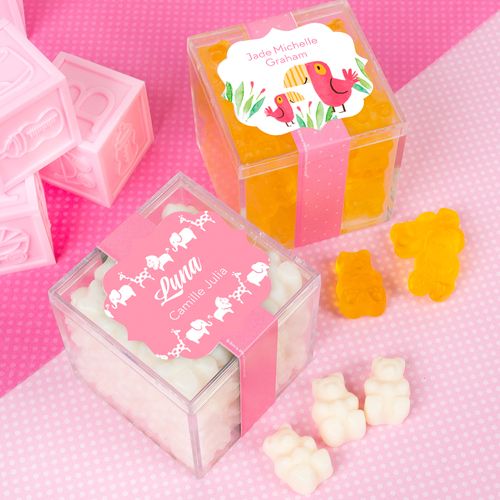 Personalized Girl Birth Announcement JUST CANDY® favor cube with Gummy Bears