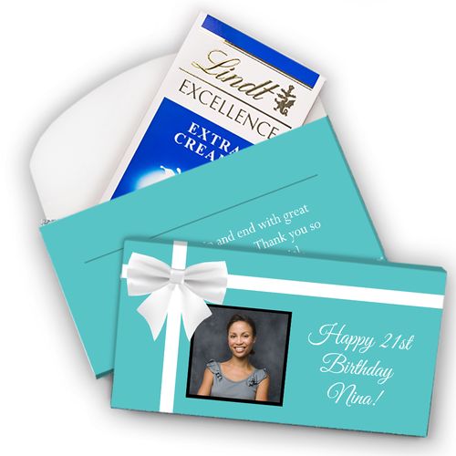 Deluxe Personalized Birthday Tiffany Style Bow Photo Lindt Chocolate Bar in Gift Box (3.5oz)