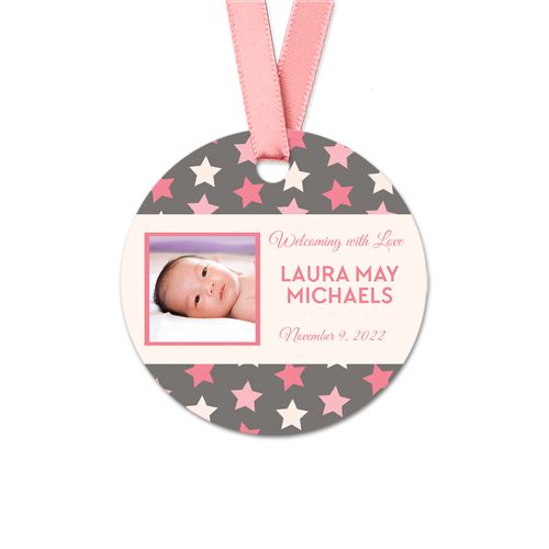 Personalized Round Baby Girl Bonnie Marcus Star Birth Announcement Favor Gift Tags (20 Pack)