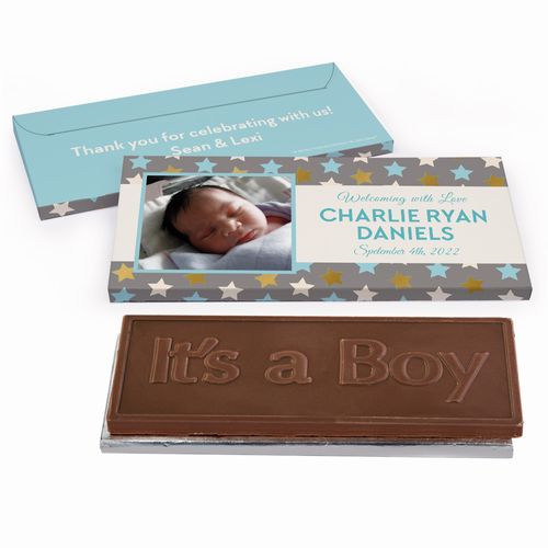 Deluxe Personalized Baby Boy Announcement Star Chocolate Bar in Metallic Gift Box