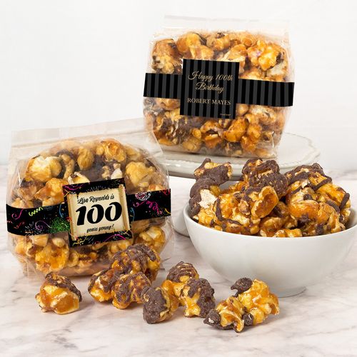Personalized Milestone 100th Birthday Chocolate Caramel Sea Salt Gourmet Popcorn 3.5 oz Bags