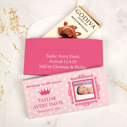 Deluxe Personalized Girl Birth Announcement Dots & Crown Godiva Chocolate Bar in Gift Box