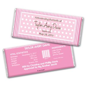 Baby Girl Announcement Personalized Chocolate Bar Wrappers Dots & Pinstripes