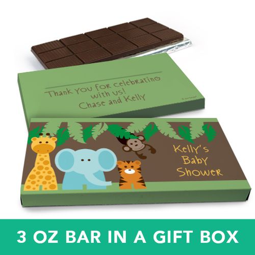 Deluxe Personalized Baby Shower Jungle Friends Belgian Chocolate Bar in Gift Box (3oz Bar)