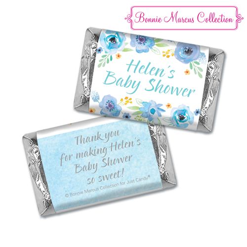 Personalized Bonnie Marcus Baby Shower Watercolor Blossom Wreath Blue Hershey's Miniatures