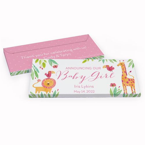 Deluxe Personalized Baby Girl Announcement Safari Snuggles Chocolate Bar in Gift Box