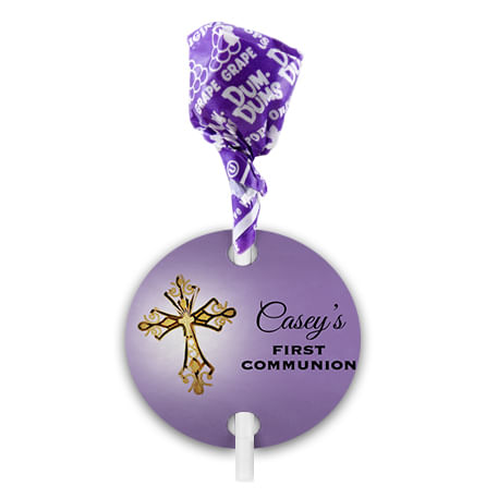 Personalized Girl First Communion Gold Cross Dum Dums with Gift Tag (75 pops)