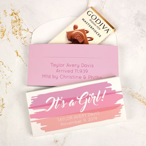 Deluxe Personalized Girl Birth Announcement Watercolor Godiva Chocolate Bar in Gift Box