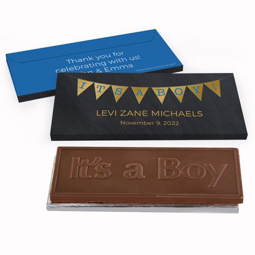 Deluxe Personalized Baby Boy Announcement It's a Boy Banner Chocolate Bar in Metallic Gift Box