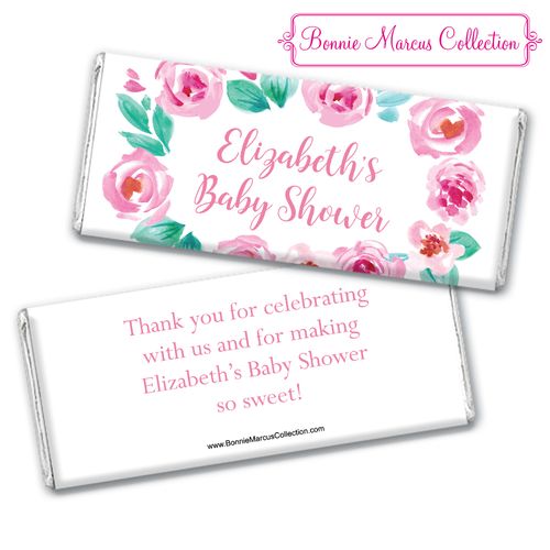 Personalized Bonnie Marcus Baby Shower Pink Floral Wreath Chocolate Bar & Wrapper