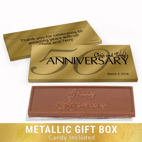 Deluxe Personalized Anniversary Classic 50th Chocolate Bar in Gold Metallic Gift Box