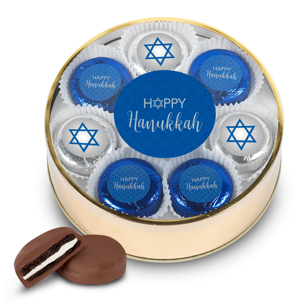 Happy Hanukkah Gold Extra-Large Plastic Tin with 16 Chocolate Covered